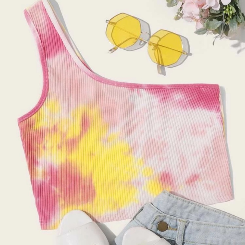 One Shoulder Rib-Knit Tie Dye Crop Top
